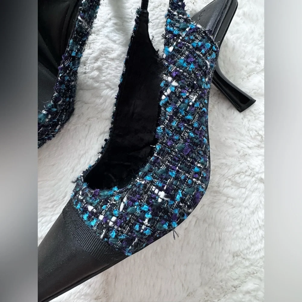 Karl Lagerfeld Black and Blue Tweed Sandals - Picture 4 of 7